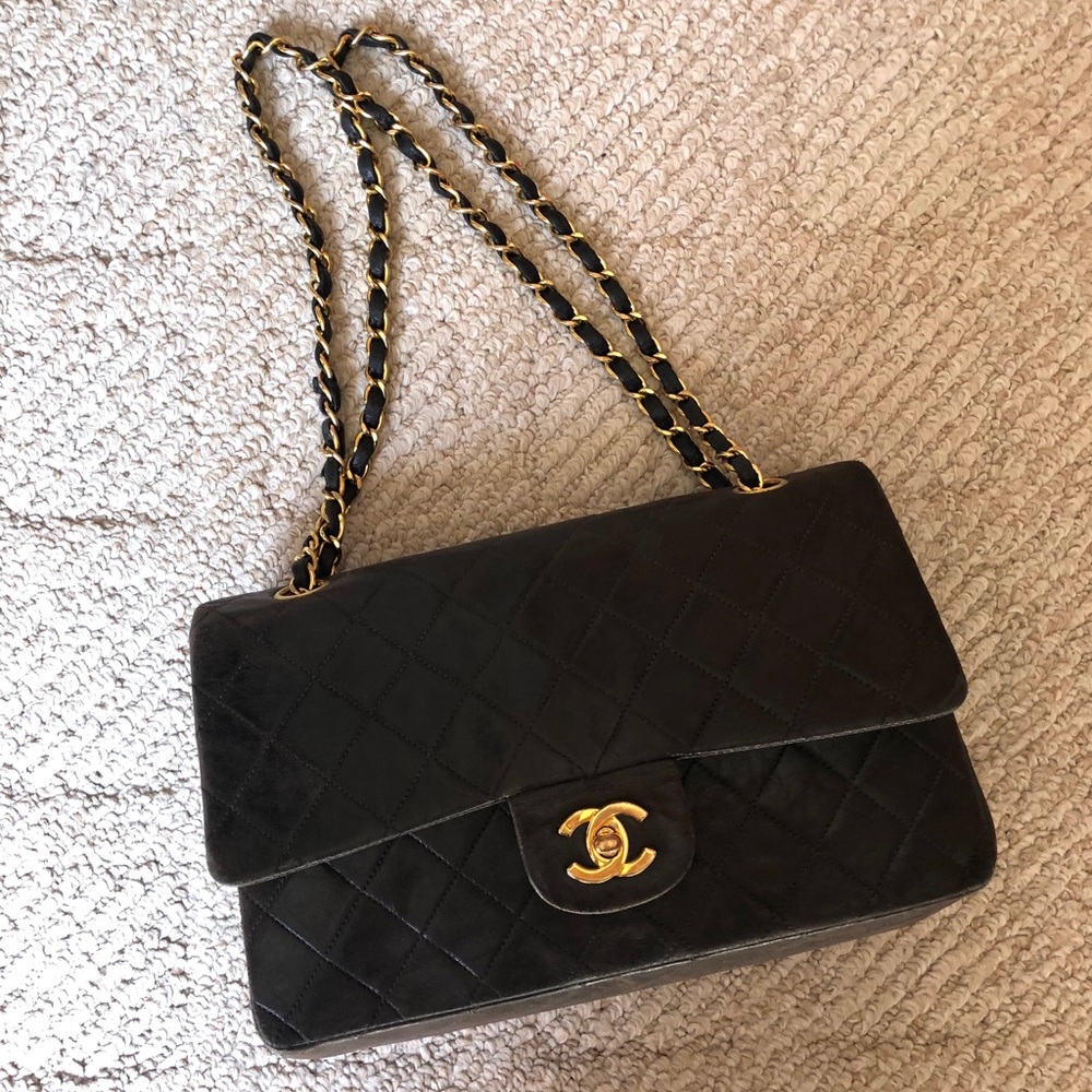 Authentic Lambskin Quilted Double Flap Black